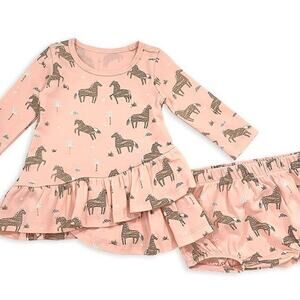 Baby Girl FLARE or TULIP Dress + Bloomer Set, Organic Cotton, Horse Print